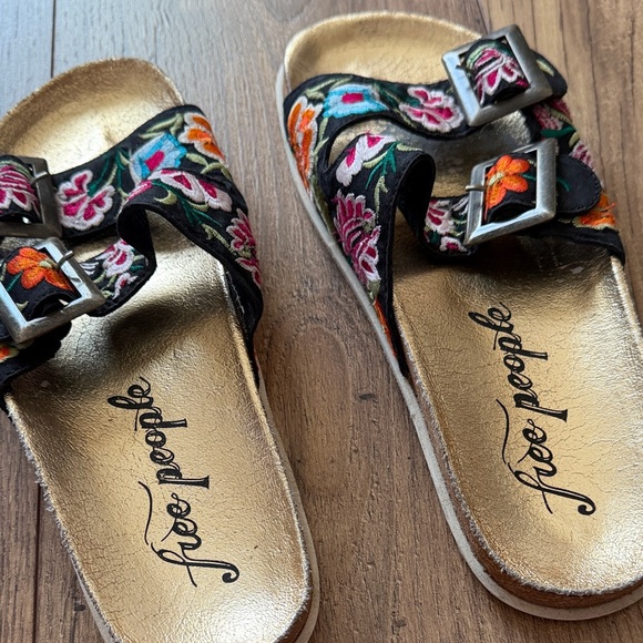 Free People Black Embroidered Double-Strap Sandals with Gold Footbed - Picture 3 of 7